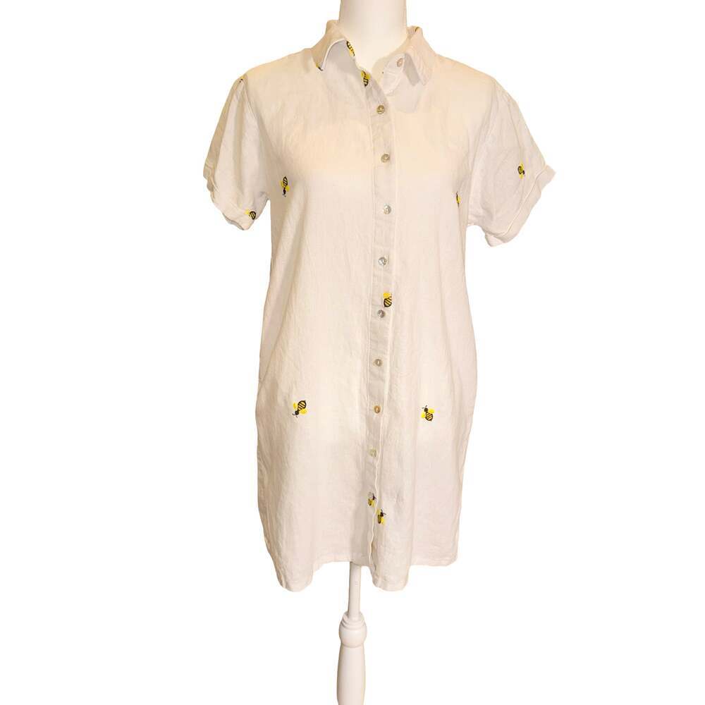 Joie White Linen Blend Bee Embroidered Button Down Shirt Dress Size M